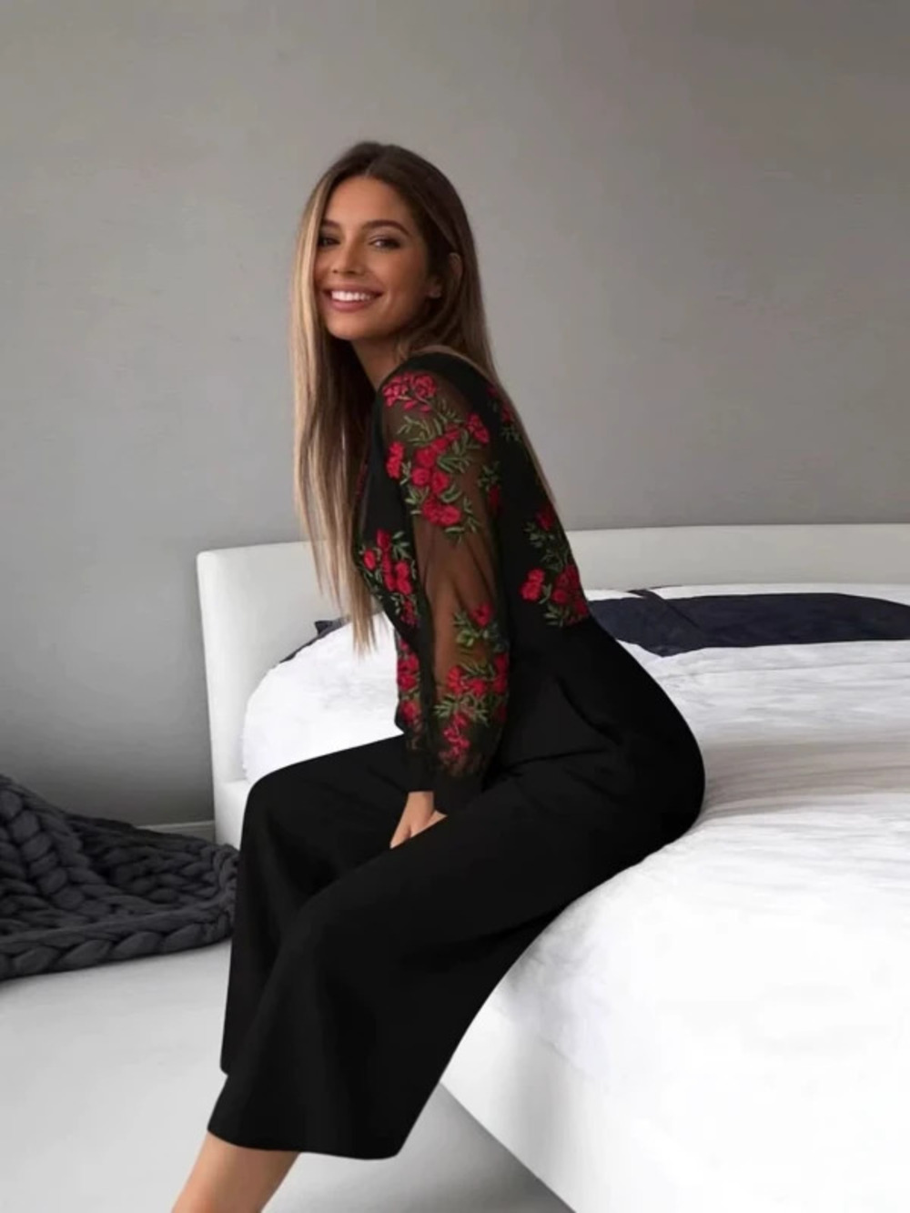 ZARA Fashion Embroidered Patchwork Long Sleeve Slim Fit Waisted Jumpsuit
